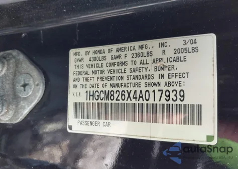 2004 Honda Accord 3.0 Ex z USA, uszkodzony, nr VIN 1HGCM826X4A017939